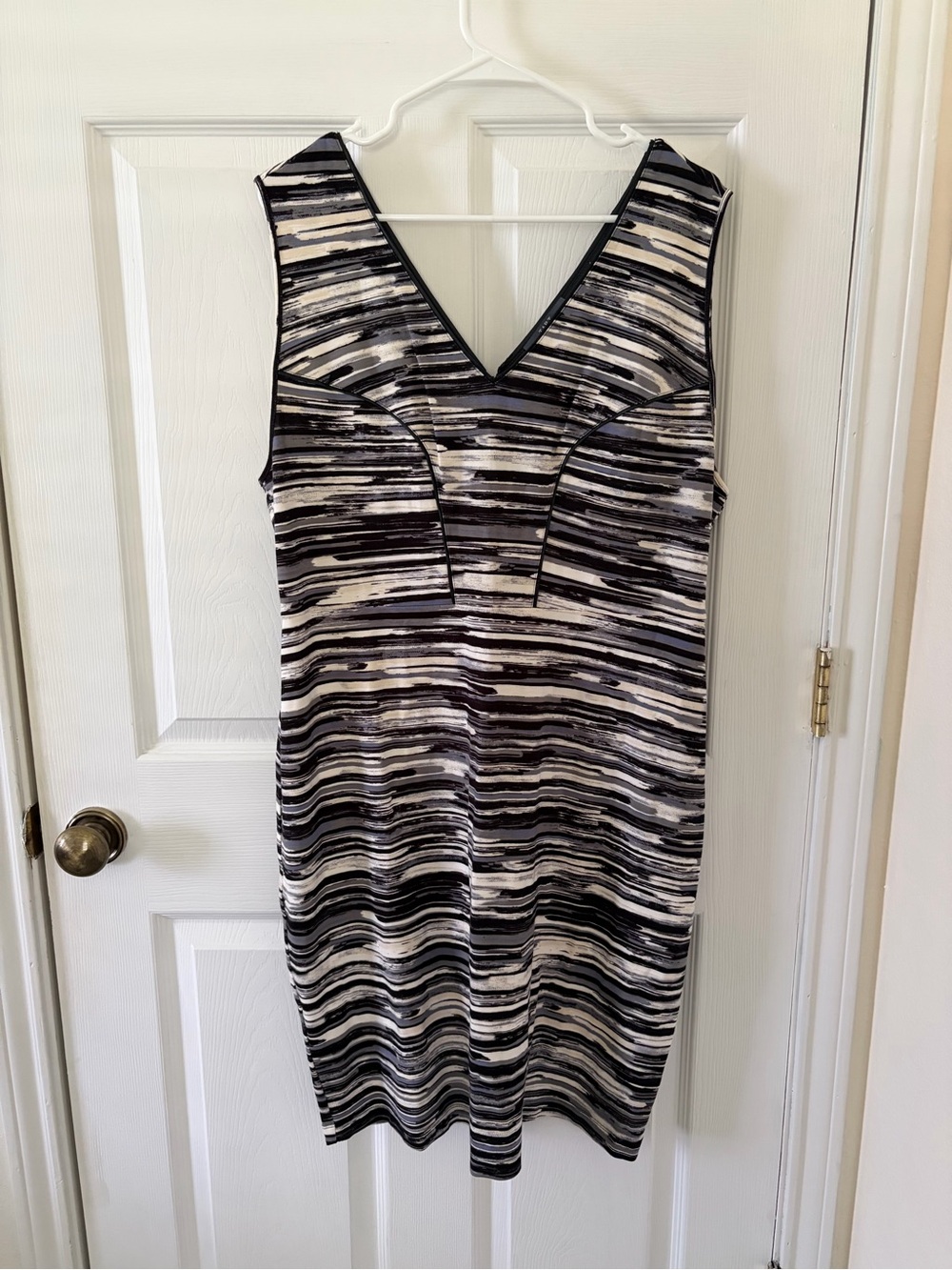 Tart Sleeveless V-Neck Black & White Stripe Sheath Dress